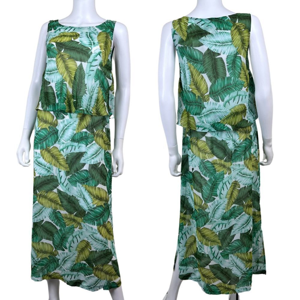 J Jill Size M Petite Green Palm Leaf Novelty Sleeveless Pullover Midi NEW Dress